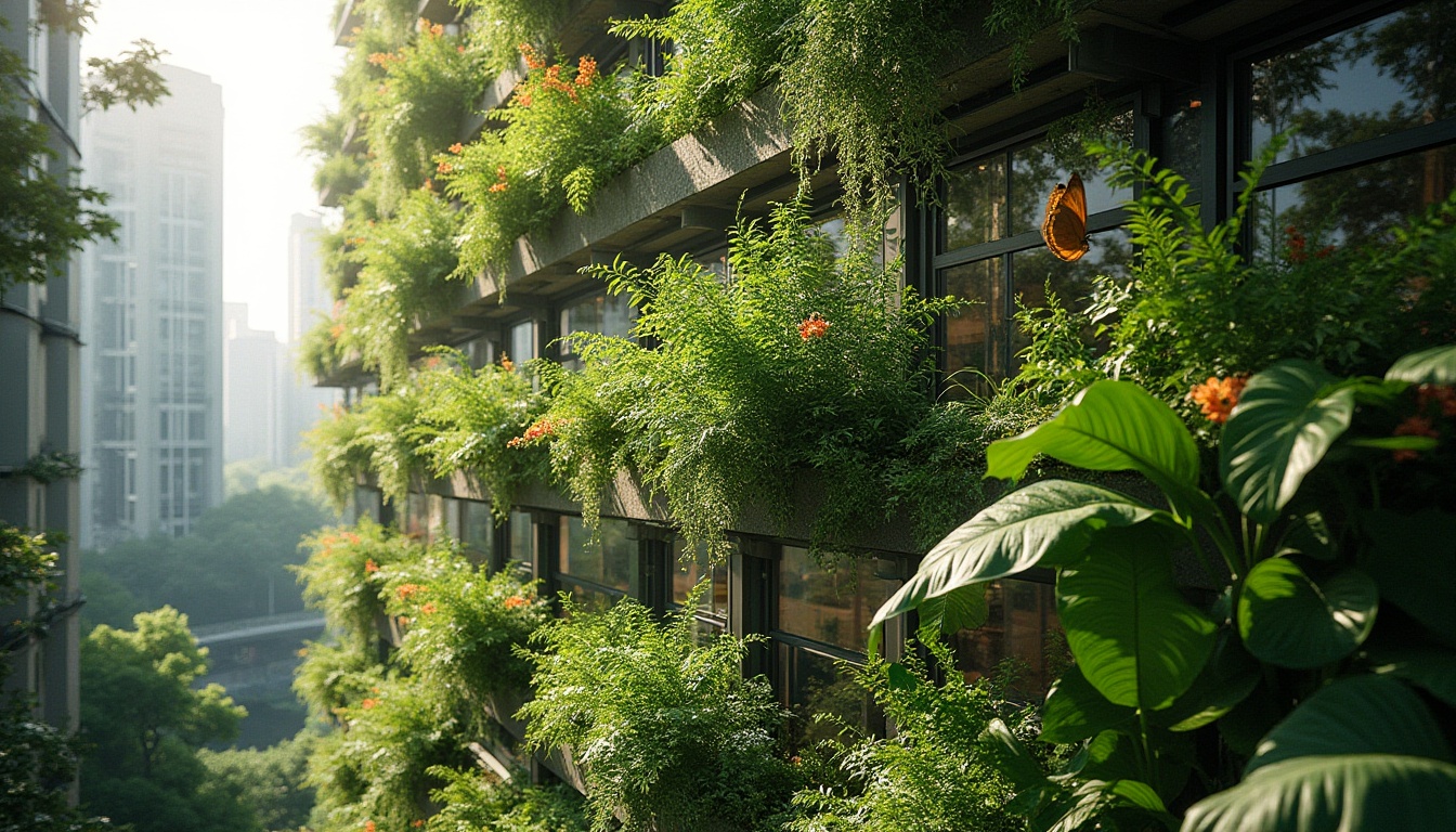 Prompt: Lush green walls, vertical planters, thriving foliage, urban skyscrapers, modern architecture, steel frames, glass balconies, natural stone facades, living walls, hydroponic systems, misting irrigation, vibrant flowers, leafy greens, tropical plants, butterflies, birds, sunny days, soft warm lighting, shallow depth of field, 3/4 composition, panoramic view, realistic textures, ambient occlusion.