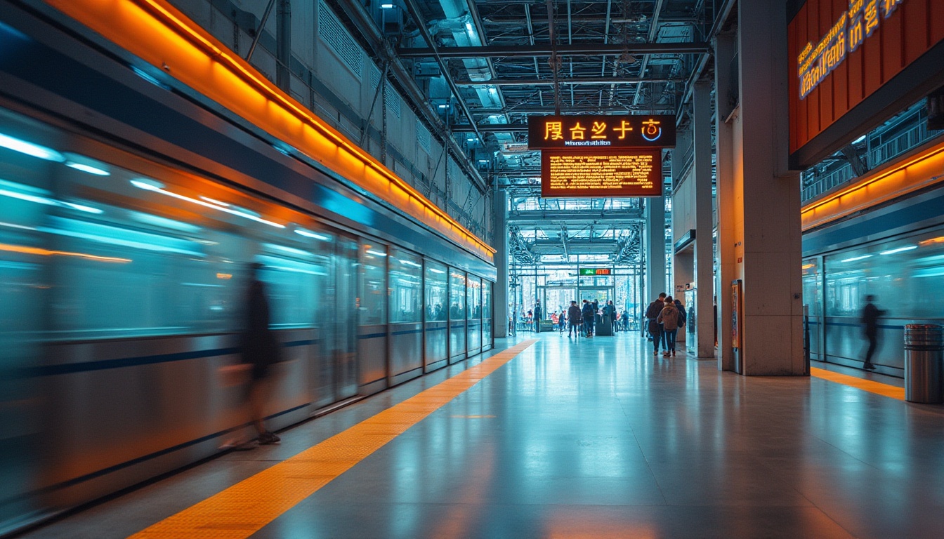 Prompt: Vibrant metro station, modern architecture, urban landscape, bustling city life, stainless steel columns, gleaming glass surfaces, sleek metal railings, colorful LED lighting, dynamic signage, natural stone flooring, concrete walls, warm beige accents, calming blue tones, energetic orange hues, sophisticated grey shades, bold typography, futuristic feel, high-contrast color scheme, 1/2 composition, dramatic shadows, realistic textures, ambient occlusion.