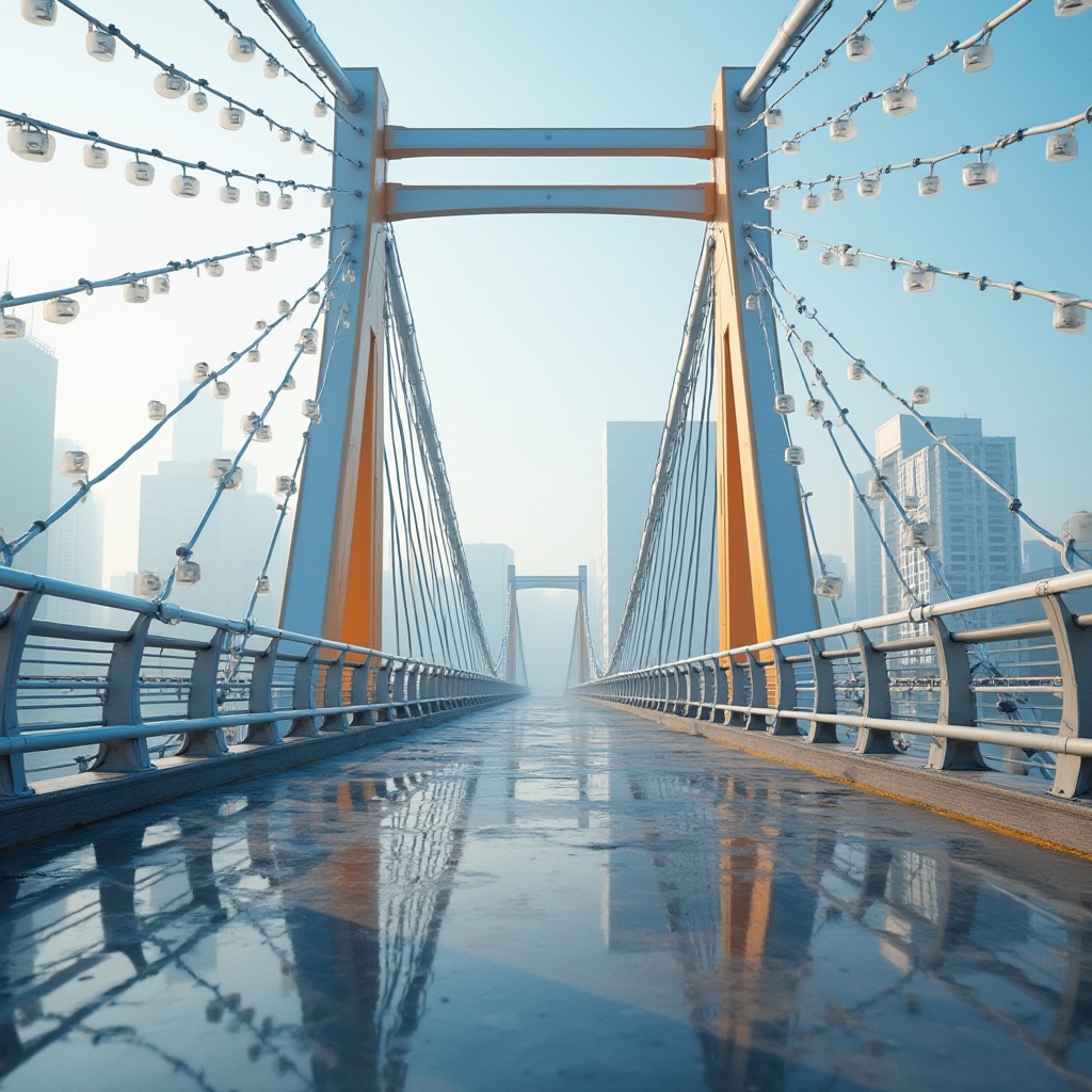 Prompt: \Modern bridge, sleek steel cables, silver metallic beams, gleaming white concrete pillars, vibrant orange accents, bold blue railings, urban cityscape, misty morning fog, soft natural lighting, shallow depth of field, 1/1 composition, realistic reflections, ambient occlusion.\Let me know if you need any adjustments!