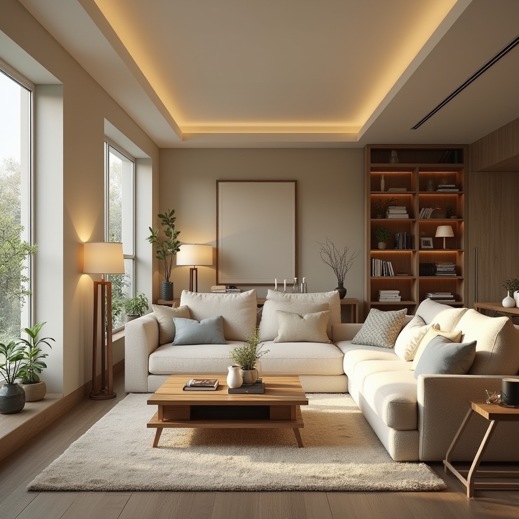 Prompt: Cozy living room, neutral color palette, plush sofas, wooden coffee table, floor lamps, soft cushions, minimalist decor, large windows, natural light, calming atmosphere, functional storage spaces, modern bookshelves, ergonomic chairs, adjustable lighting systems, warm beige walls, comfortable seating areas, open-plan layout, efficient traffic flow, harmonious furniture arrangement, 1/1 composition, shallow depth of field, realistic textures, ambient occlusion.