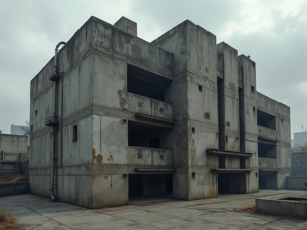 Prompt: Rugged brutalist building, raw concrete textures, exposed ductwork, industrial pipes, metal beams, fortress-like facade, imposing monumentality, urban cityscape, overcast sky, dramatic shadows, harsh natural light, gritty urban atmosphere, rough-hewn stone walls, weathered steel accents, minimalist ornamentation, functional simplicity, 1/1 composition, high-contrast lighting, realistic material rendering, detailed normal mapping.