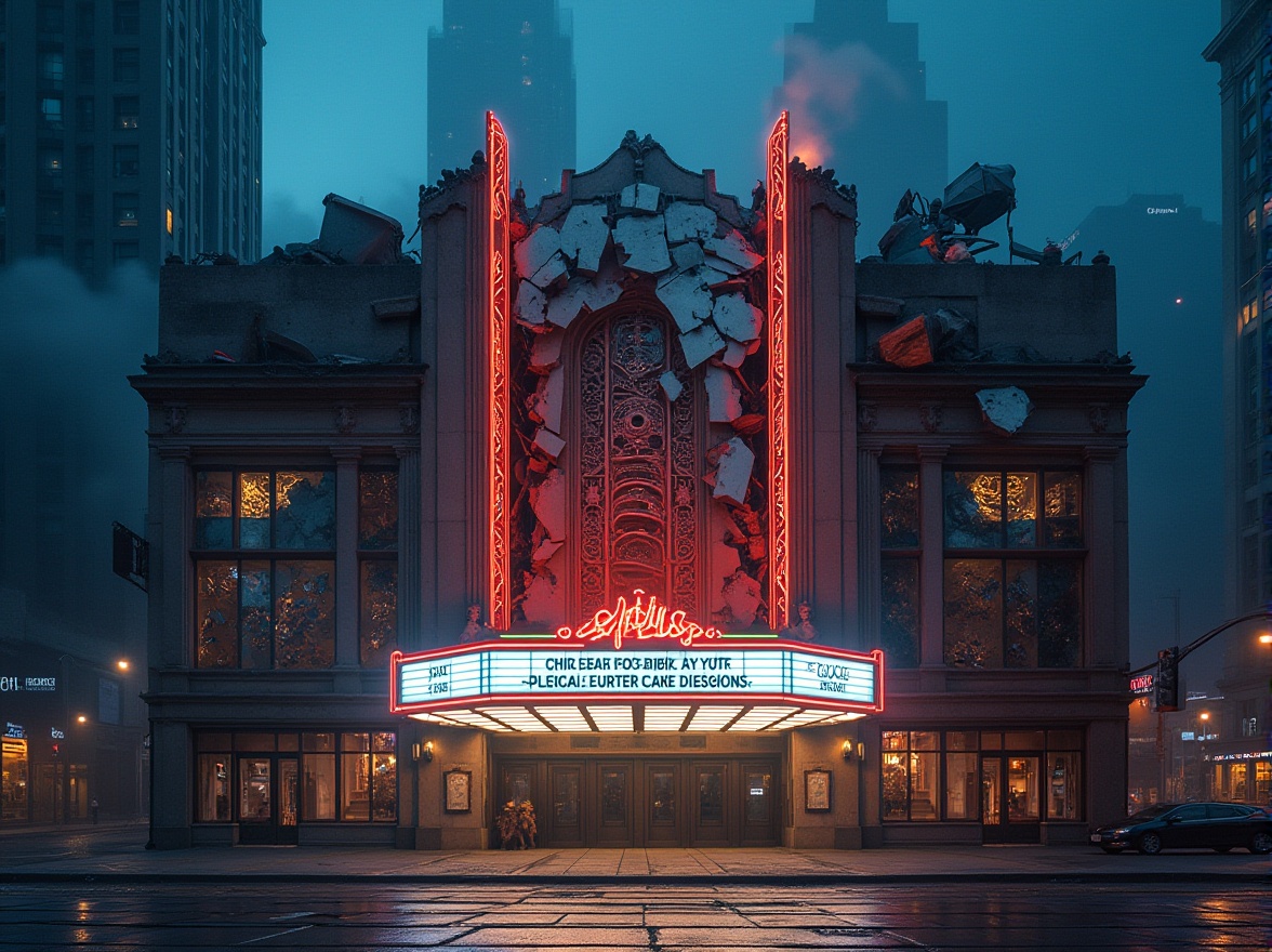 Prompt: Dramatic theater facade, deconstructivist architecture, fragmented forms, irregular shapes, abstract patterns, bold colors, contrasting textures, metallic surfaces, glass fragments, dynamic LED lights, futuristic aesthetic, urban cityscape, nighttime atmosphere, misty fog effect, shallow depth of field, 1/2 composition, low-angle shot, high-contrast lighting, cinematic mood.