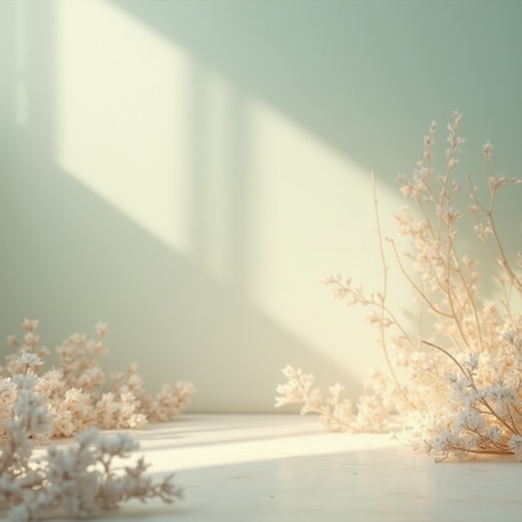 Prompt: Soft warm light, gentle color transitions, calming atmosphere, pastel hues, soothing blue-green palette, creamy whites, natural beige tones, subtle gradient effects, elegant typography, minimalist design elements, delicate patterns, refined textures, sophisticated ambient lighting, shallow depth of field, 1/1 composition, realistic renderings.