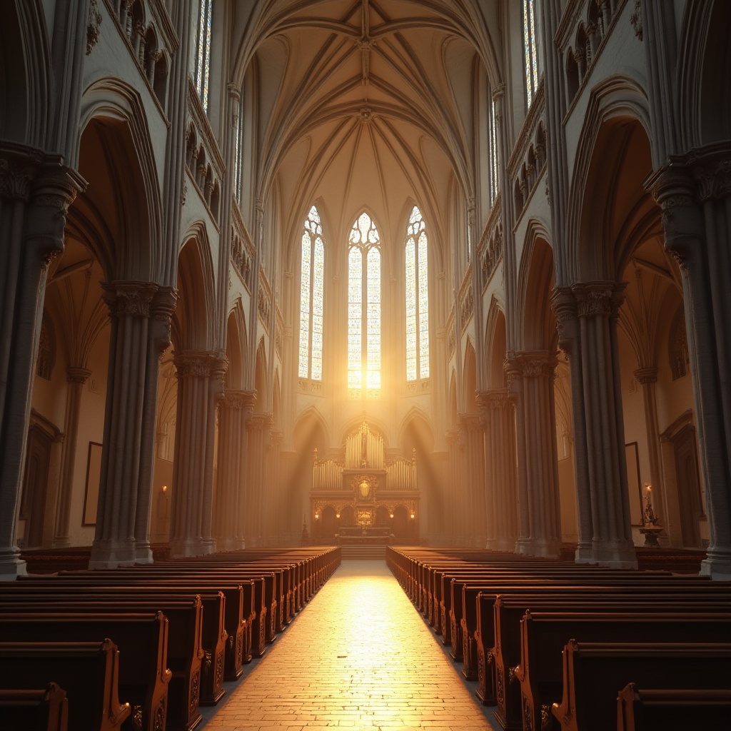 Prompt: Stunning cathedral architecture, grandiose stained glass windows, radiant clerestory lighting, vaulted ceilings, intricate stone carvings, ornate wooden pews, soft warm glow, diffused sunlight, serene atmosphere, peaceful ambiance, subtle shading, nuanced textures, realistic reflections, ambient occlusion, 1/1 composition, symmetrical framing, high contrast ratio, dramatic shadows, golden hour lighting.