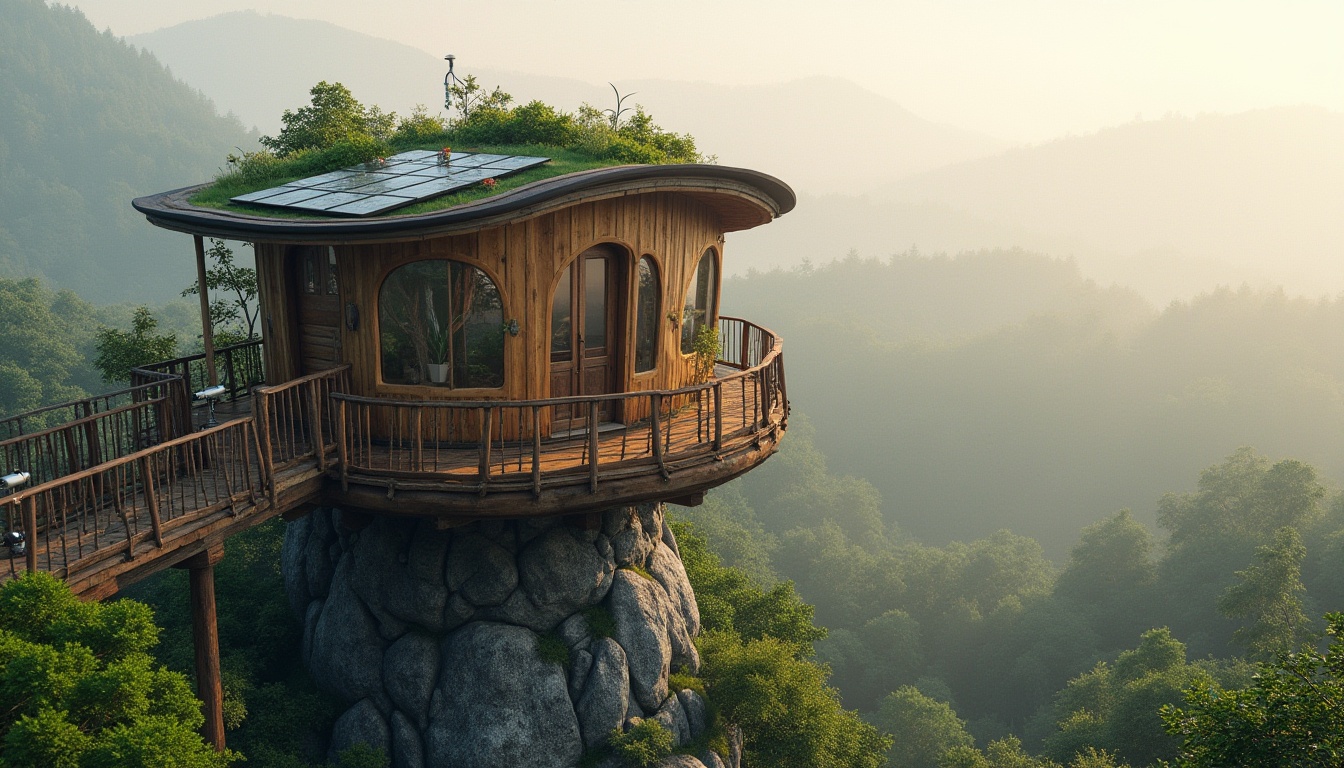 Prompt: Eco-friendly watchtower, reclaimed wood facade, living green walls, solar panels, wind turbines, rainwater harvesting systems, natural stone foundation, organic-shaped architecture, panoramic views, binoculars, telescopes, rustic metal railings, weathered wooden decking, surrounding forest landscape, misty morning atmosphere, soft warm lighting, shallow depth of field, 1/1 composition, realistic textures, ambient occlusion.