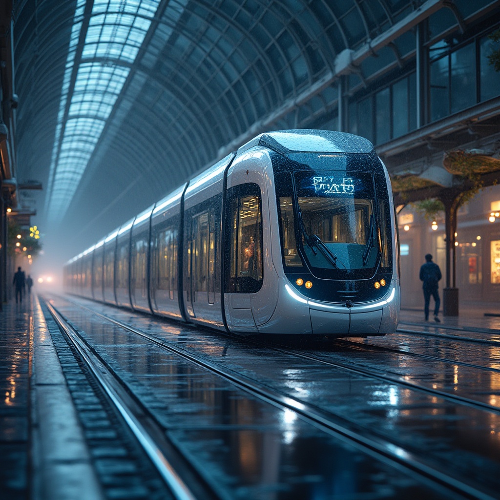 Prompt: Futuristic tram station, sleek glass facade, dynamic LED lighting, curved metal lines, modern urban landscape, bustling city streets, vibrant nightlife atmosphere, neon lights reflection, rain-soaked pavement, misty morning scene, shallow depth of field, 1/2 composition, low-angle shot, realistic materials, ambient occlusion, intricate structural details, geometric patterns, metallic textures, industrial chic aesthetic.