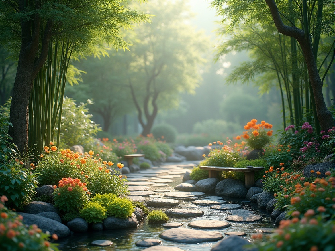 Prompt: Serenity-filled meditation garden, lush greenery, vibrant flowers, natural stone pathways, tranquil water features, koi ponds, bamboo forests, peaceful walking trails, scenic lookout points, rustic wooden benches, ambient soft lighting, misty morning atmosphere, shallow depth of field, 1/2 composition, warm color palette, realistic textures, subtle animations.