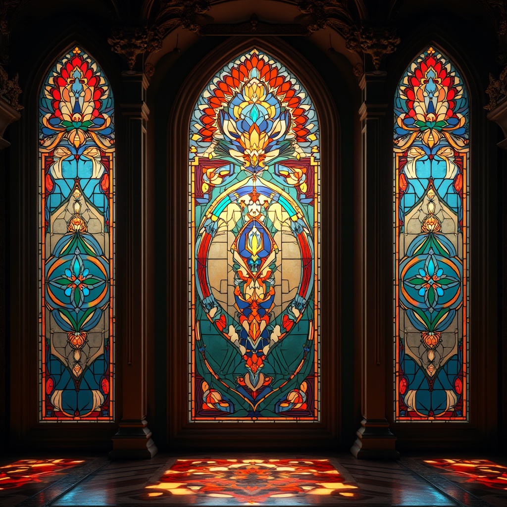 Prompt: Vibrant stained glass windows, geometric patterns, Art Deco style, luxurious materials, ornate metal frames, colorful glazing, intricate details, symmetrical compositions, opulent textures, high-contrast lighting, dramatic shadows, 1/1 composition, soft focus, ambient occlusion, realistic reflections.