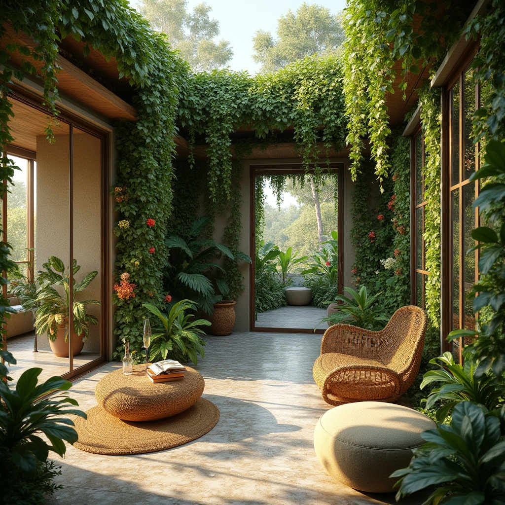 Prompt: Vibrant green walls, living roofs, natural stone flooring, reclaimed wood accents, large windows, sliding glass doors, lush vegetation, tropical plants, colorful flowers, buzzing bees, natural light, soft warm ambiance, cozy reading nooks, organic shapes, earthy color palette, textured fabrics, woven baskets, rattan furniture, water features, small ponds, babbling brook sounds, misting systems, 3/4 composition, panoramic view, realistic textures, ambient occlusion.