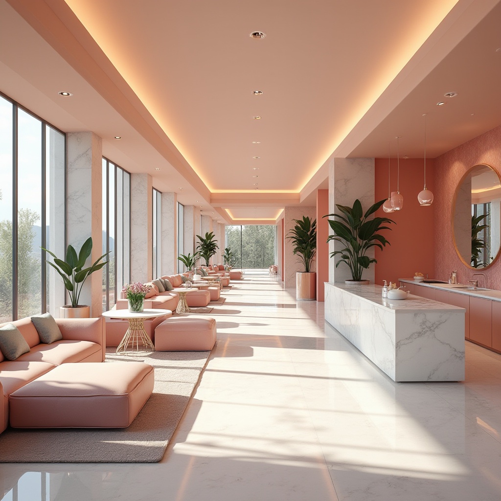 Prompt: Vibrant modern interior, pastel hues, soft peach tones, rich charcoal accents, metallic silver highlights, bold geometric patterns, minimal ornamentation, sleek low-profile furniture, polished marble countertops, large windows, natural light, airy atmosphere, shallow depth of field, 3/4 composition, panoramic view, realistic textures, ambient occlusion.