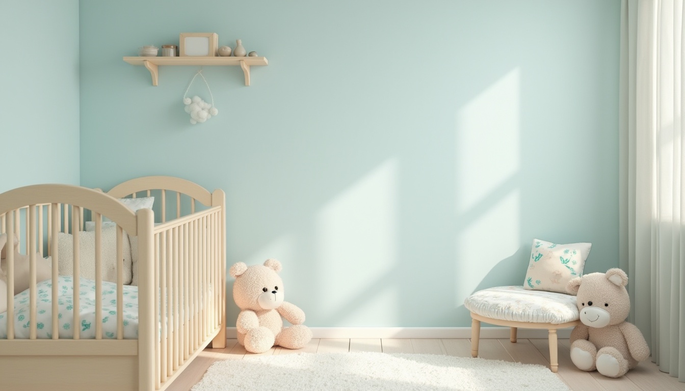 Prompt: Soft baby blue walls, creamy white accents, gentle warm lighting, cozy nursery atmosphere, delicate lace patterns, vintage wooden cribs, plush toys, pastel color schemes, subtle texture overlays, dreamy ethereal ambiance, shallow depth of field, 1/1 composition, soft focus effect, whimsical illustrations, minimalist design elements, calming mood, serene background.