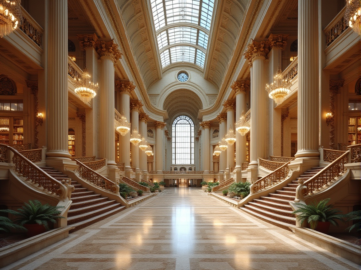 Prompt: Grandiose transportation hubs, neoclassical architecture, marble floors, ornate columns, intricate moldings, gilded details, luxurious chandeliers, high ceilings, spacious atriums, natural stone walls, rusticated bases, symmetrical facades, grand staircases, elegant foyers, richly patterned carpets, polished metal handrails, ornamental railings, subtle ambient lighting, 1/2 composition, shallow depth of field, realistic reflections, detailed normal maps.