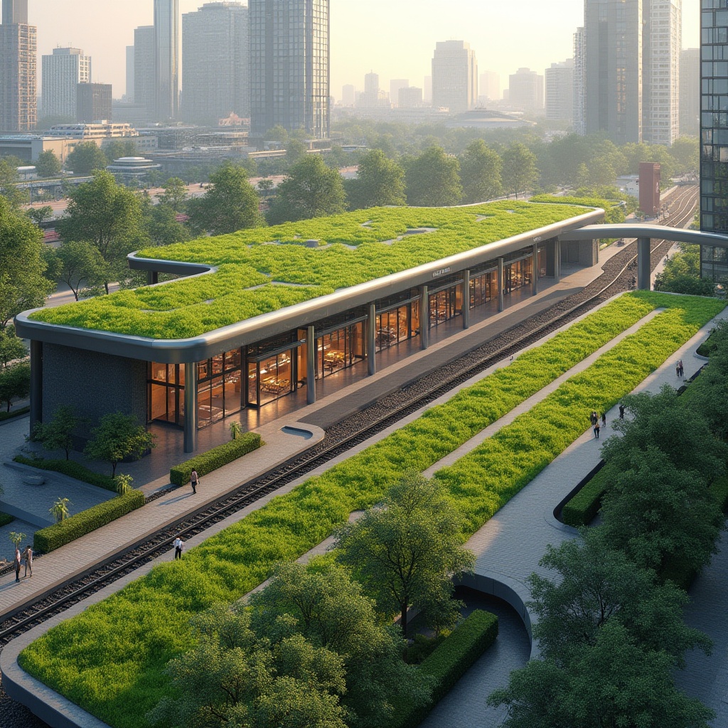 Prompt: Vibrant green roofs, natural stone walls, modern train station architecture, sleek metal structures, large glass windows, sliding doors, urban landscape integration, elevated parkways, pedestrian walkways, public art installations, lush vegetation, mature trees, seasonal flower displays, soft warm lighting, shallow depth of field, 3/4 composition, panoramic view, realistic textures, ambient occlusion.