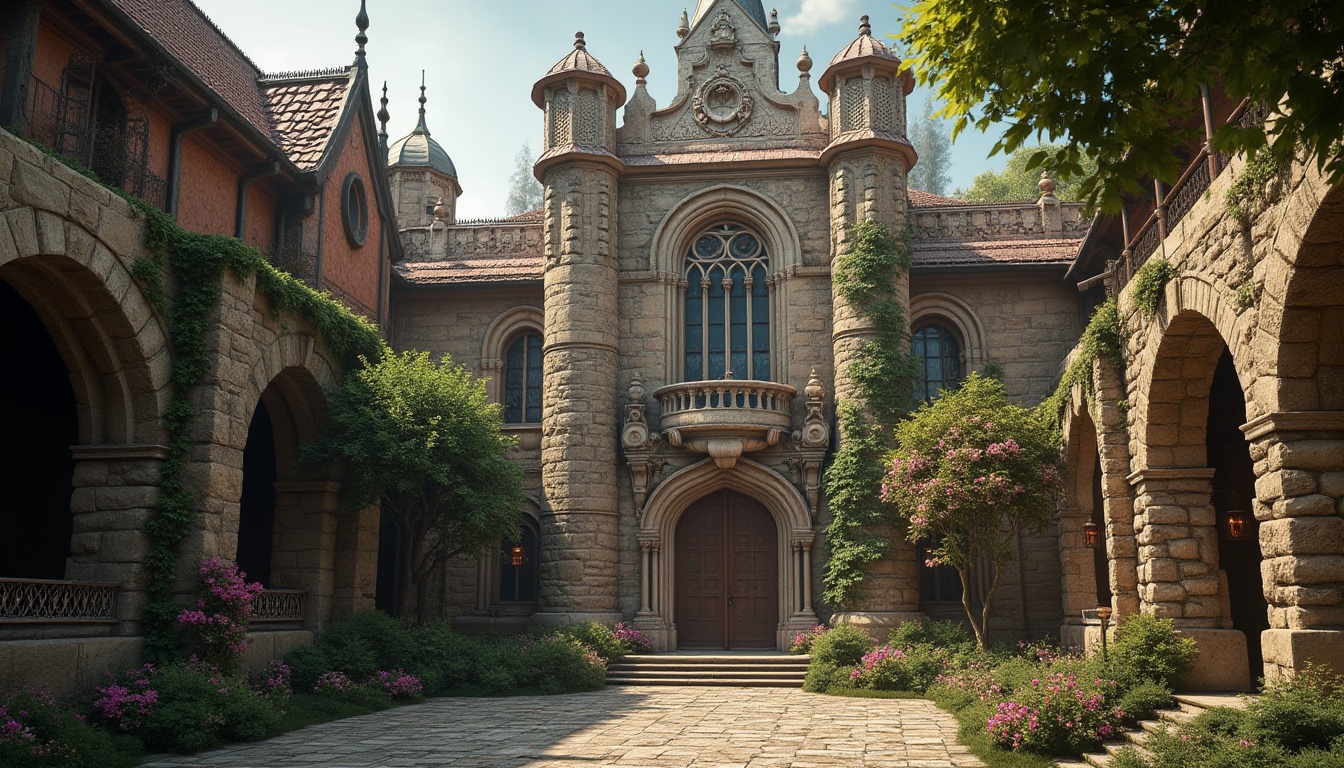 Prompt: Ornate monastery facade, intricately carved stone walls, stained glass windows, grand archways, ornamental turrets, rustic wooden doors, weathered copper roofs, vintage lanterns, mystical atmosphere, soft warm lighting, shallow depth of field, 1/1 composition, symmetrical view, realistic textures, ambient occlusion, richly textured stonework, classical Renaissance details, subtle color palette, serene natural surroundings, lush greenery, blooming flowers.