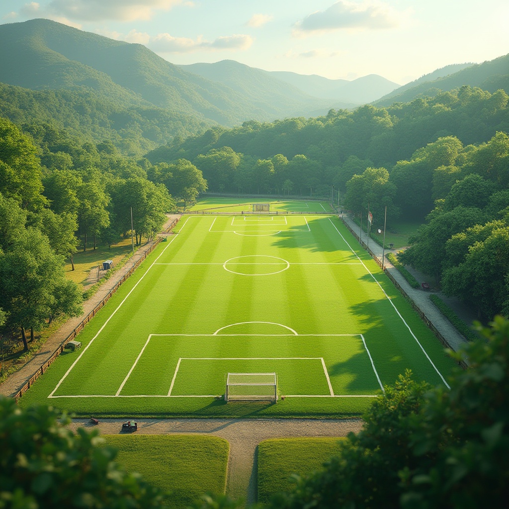 Prompt: Natural grass fields, vibrant green hues, rolling hills, scenic vistas, sports equipment, goalposts, scoreboards, benches, walking trails, surrounding forests, mature trees, wooden fences, rustic stone walls, sunny day, soft warm lighting, shallow depth of field, 3/4 composition, panoramic view, realistic textures, ambient occlusion, integrated seating areas, accessible pathways, adaptive reuse, eco-friendly materials, sustainable drainage systems.