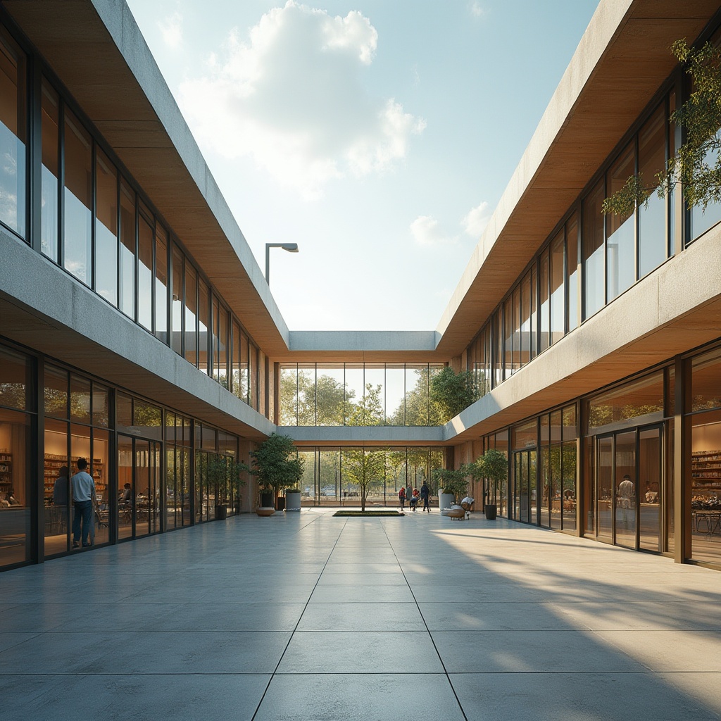 Prompt: Modern library facade, angular lines, cantilevered roofs, large glass windows, sliding doors, minimalist entrance, open atrium, natural light flooding, sleek metal frames, subtle color palette, modernist architecture, geometric patterns, abstract sculptures, urban cityscape, morning sunlight, shallow depth of field, 1/1 composition, realistic textures, ambient occlusion.