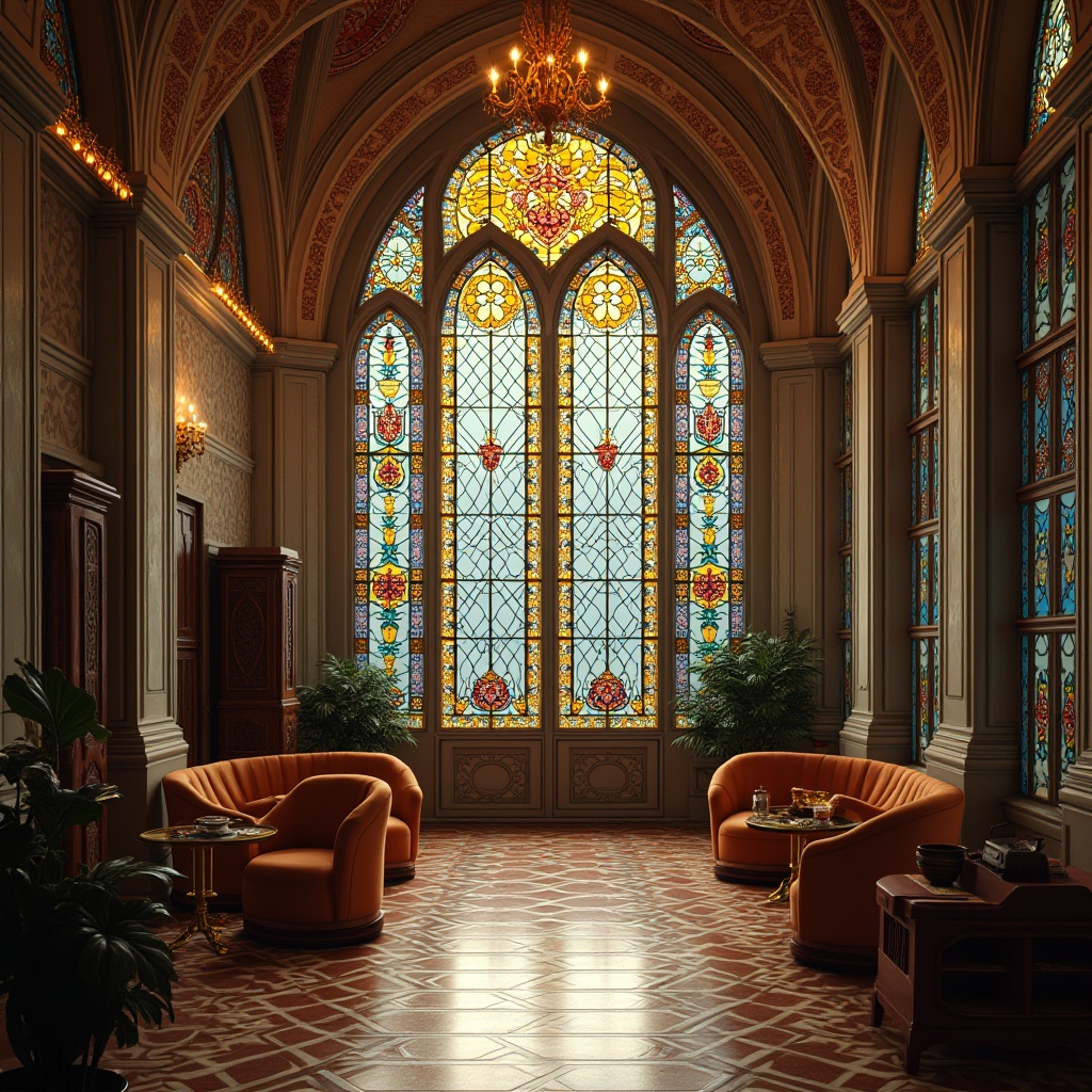 Prompt: Vibrant stained glass, Art Deco patterns, ornate metal frames, luxurious architecture, opulent interiors, lavish furnishings, geometric shapes, kaleidoscopic colors, intricate designs, symmetrical compositions, golden accents, ornamental details, grandiose chandeliers, soft warm lighting, shallow depth of field, 1/2 composition, realistic textures, ambient occlusion.