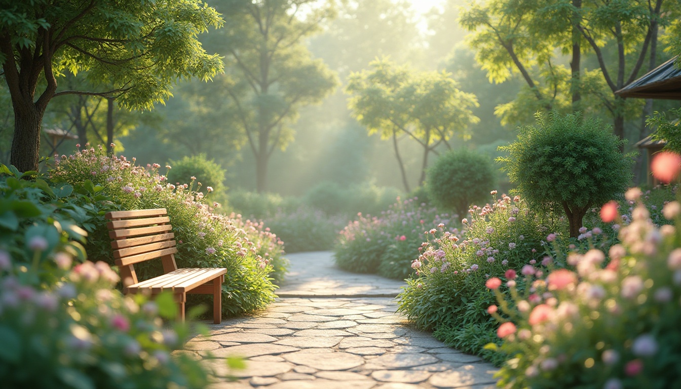 Prompt: Pastel-hued botanical garden, light green foliage, delicate flowers, natural stone pathways, wooden benches, serene ambiance, warm soft lighting, gentle misting system, vibrant floral patterns, intricate leaf textures, shallow depth of field, 1/1 composition, realistic rendering, ambient occlusion.