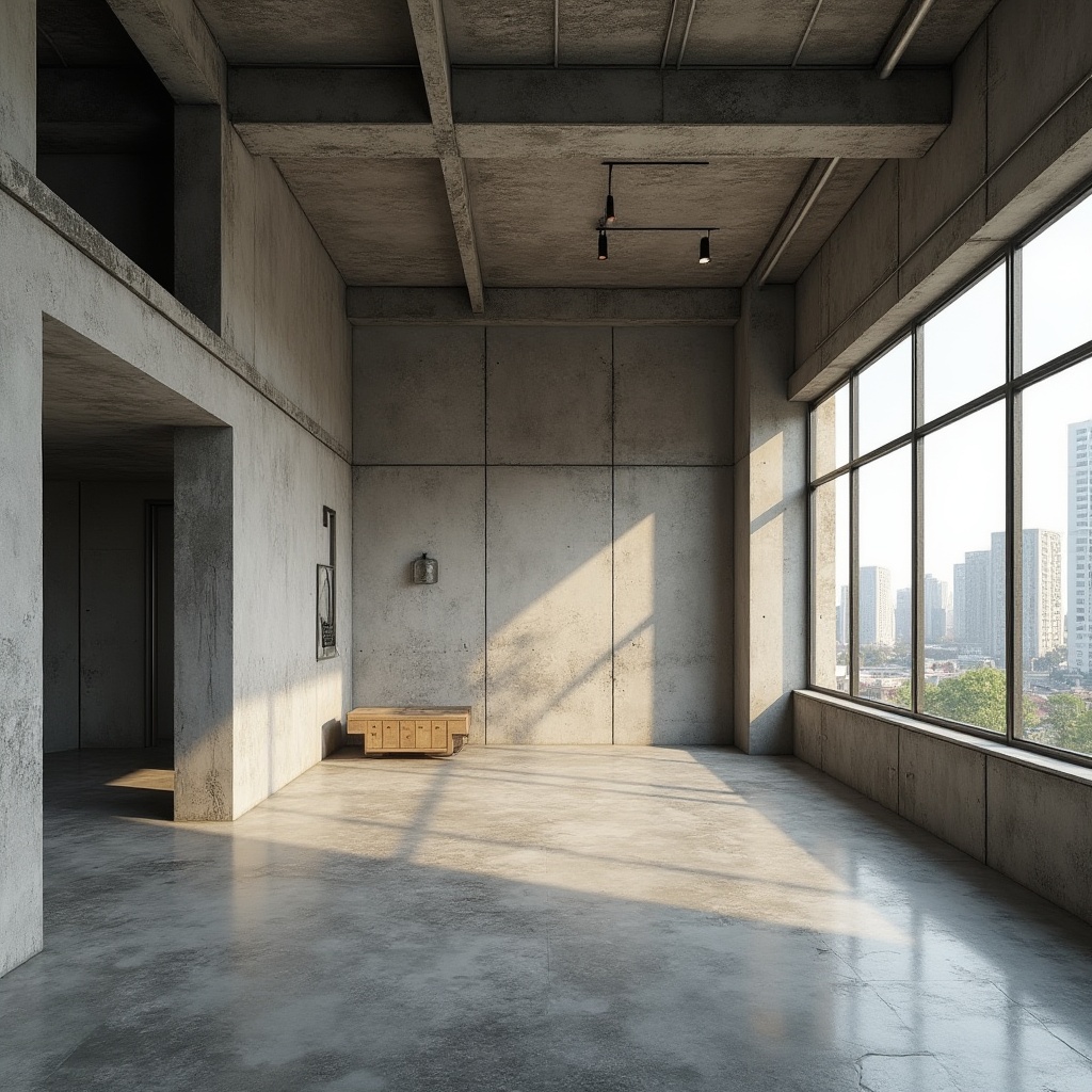 Prompt: Exposed concrete walls, rough-hewn stone floors, industrial metal beams, minimalist decor, brutalist architecture, functional simplicity, urban loft atmosphere, high ceilings, large windows, natural light, cityscape views, distressed wood accents, industrial lighting fixtures, metallic color palette, raw unpolished textures, 1/1 composition, dramatic shadows, realistic renderings.