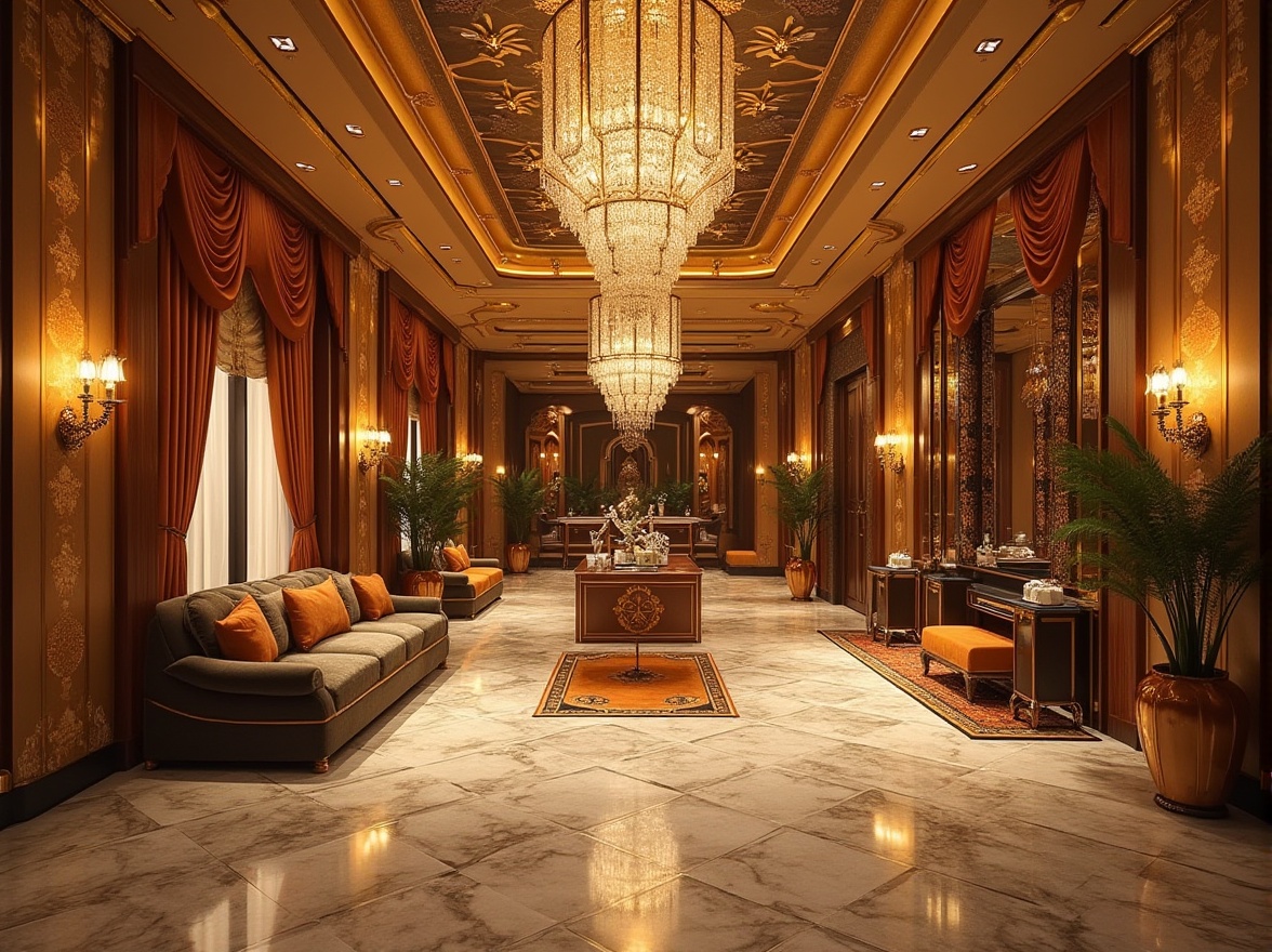 Prompt: Luxurious Art Deco interior, polished marble floors, metallic accents, ornate gold leaf patterns, velvety soft upholstery, geometrically patterned rugs, crystal chandeliers, opulent drapery, lavish furnishings, glamorous ambiance, rich wood tones, inlaid mother of pearl, chrome fixtures, sunburst motifs, stylized floral patterns, bold color contrasts, dramatic lighting effects, high-contrast rendering, cinematic composition, 1/2 camera angle, warm golden lighting, atmospheric depth of field.