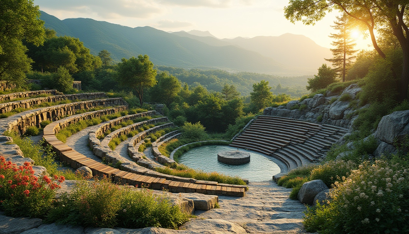 Prompt: Natural amphitheater setting, lush green hills, serene water features, walking trails, rustic stone walls, wooden benches, outdoor performance stage, tiered seating areas, vibrant flower beds, natural rock formations, scenic overlooks, panoramic views, warm sunset lighting, soft shadows, 3/4 composition, realistic textures, ambient occlusion.