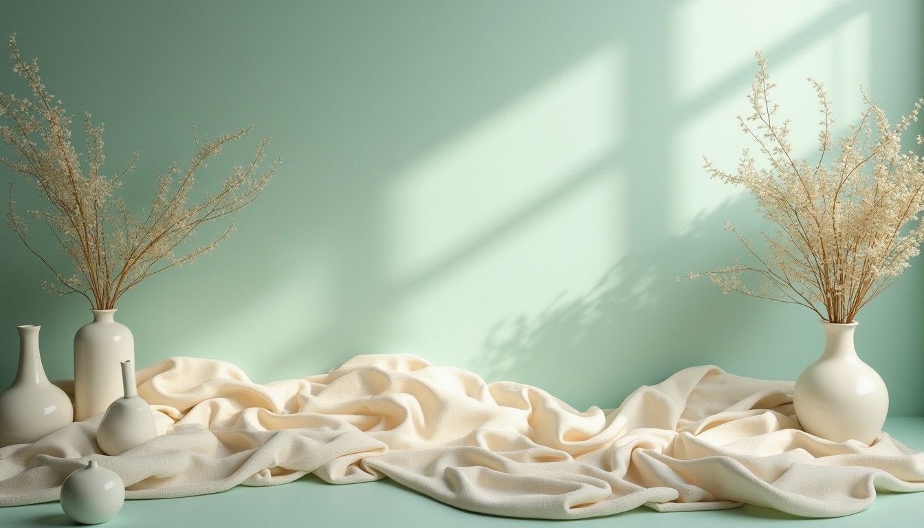 Prompt: \Celadon-infused ambiance, soft minty hues, calming atmosphere, subtle gradient transitions, elegant curves, luxurious fabrics, creamy whites, pale blues, gentle earth tones, natural materials, sophisticated minimalism, refined lines, delicate ornaments, ornate patterns, vintage accents, warm golden lighting, shallow depth of field, 2/3 composition, atmospheric perspective, realistic textures, ambient occlusion.\