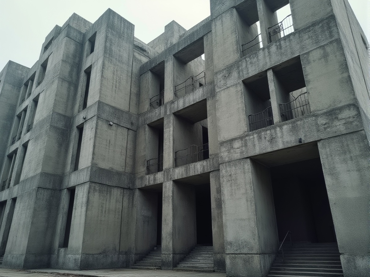 Prompt: Rugged brutalist fa\u00e7ade, raw concrete textures, exposed ductwork, industrial metal beams, minimalist windows, monumental scale, urban cityscape, overcast sky, dramatic shadows, high-contrast lighting, bold geometric forms, fortress-like structures, brutalist columns, raw brick walls, poured-in-place concrete, tactile materiality, monochromatic color palette, abstract patterns, distressed finishes, atmospheric perspective, 1/2 composition, cinematic mood.