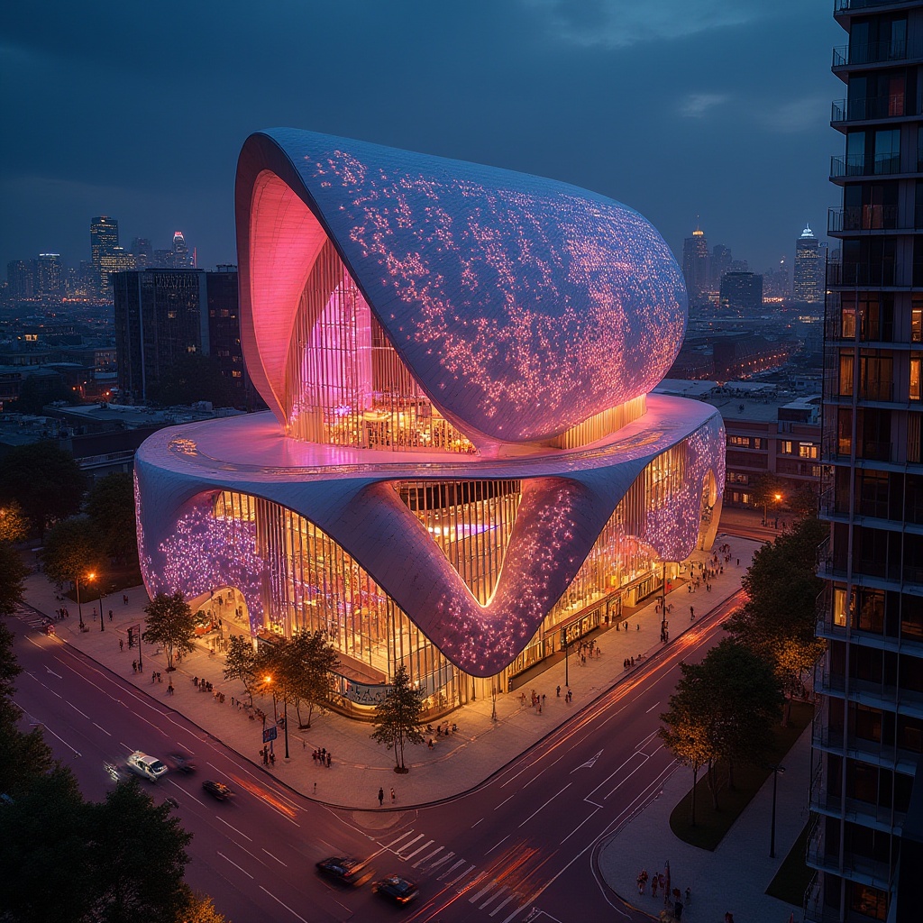 Prompt: Vibrant concert house facade, dynamic LED light installations, rhythmic patterns, sweeping curves, modern angular lines, polished steel surfaces, glazed windows, cantilevered balconies, urban cityscape background, bustling streets, nighttime atmosphere, warm golden lighting, shallow depth of field, 1/2 composition, cinematic view, realistic reflections, ambient occlusion.