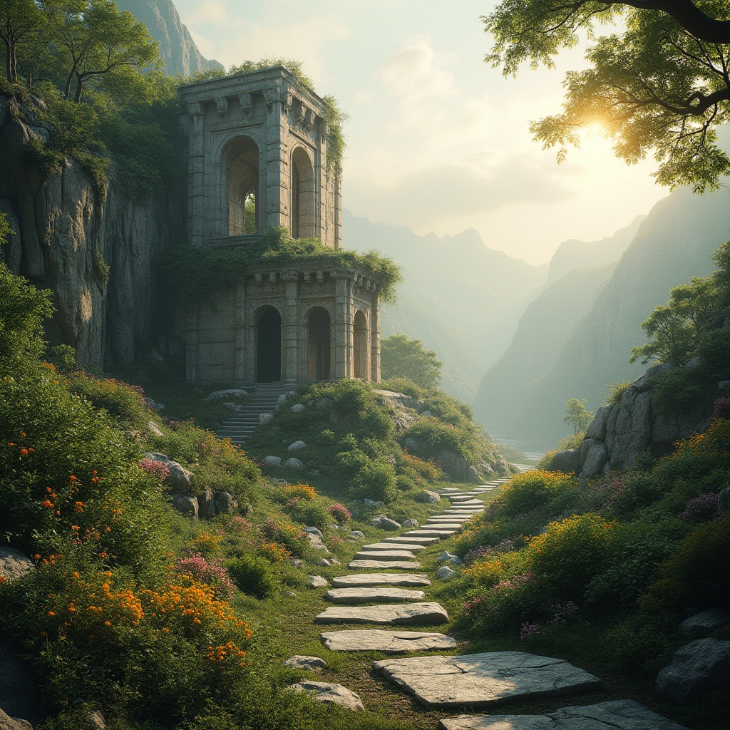 Prompt: Ancient monument ruins, mystical stone carvings, worn stone pathways, lush greenery overgrowth, vibrant blooming flowers, misty foggy atmosphere, warm golden lighting, shallow depth of field, 3/4 composition, panoramic view, realistic textures, ambient occlusion, fusion architecture, modern sleek lines, minimalist design, innovative materials, sustainable energy solutions, eco-friendly roofs, intricate geometric patterns, cultural heritage integration, historical landmark preservation, futuristic monument revitalization, scenic landscape vistas, rolling hills, serene lakeside scenery.