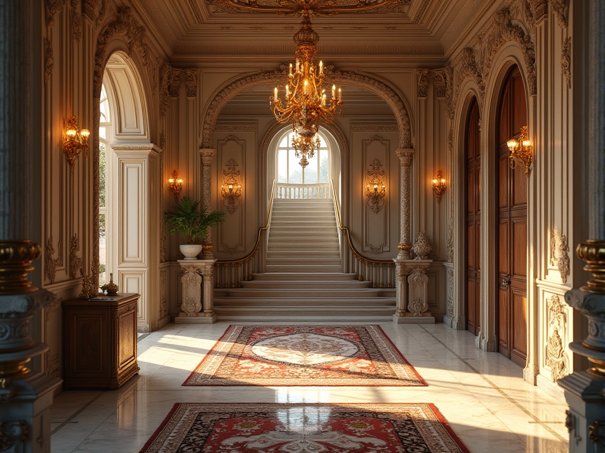 Prompt: Intricate stone carvings, ornate metalwork, decorative cornices, grand entranceways, sweeping staircases, opulent chandeliers, luxurious marble flooring, richly patterned rugs, elegant foyers, refined wooden accents, subtle nuances of texture, warm golden lighting, shallow depth of field, 3/4 composition, realistic materials, ambient occlusion.