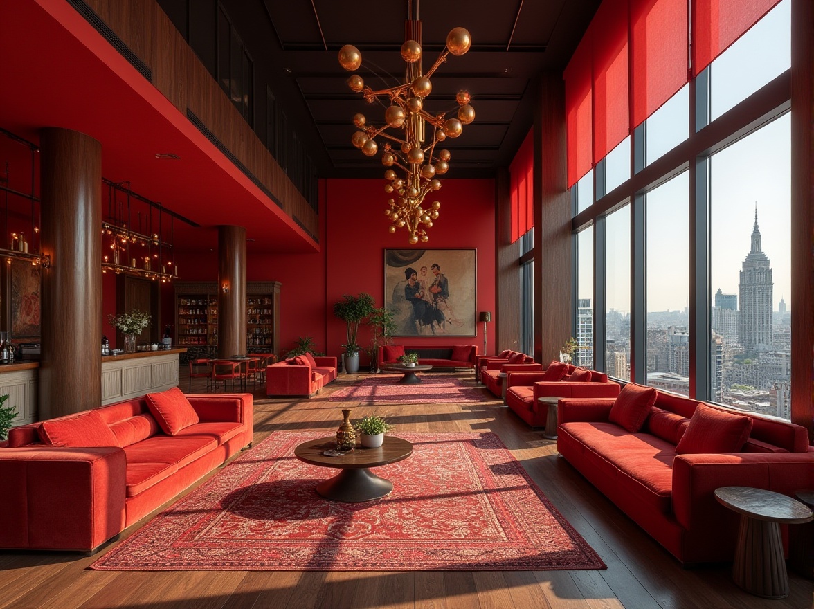 Prompt: Vibrant boutique hotel lobby, bold crimson accent walls, luxurious velvet sofas, metallic gold lighting fixtures, rich wooden flooring, geometric patterned rugs, urban cityscape views, dramatic floor-to-ceiling windows, modern minimalist decor, eclectic art pieces, sophisticated ambient lighting, shallow depth of field, 1/1 composition, realistic textures.