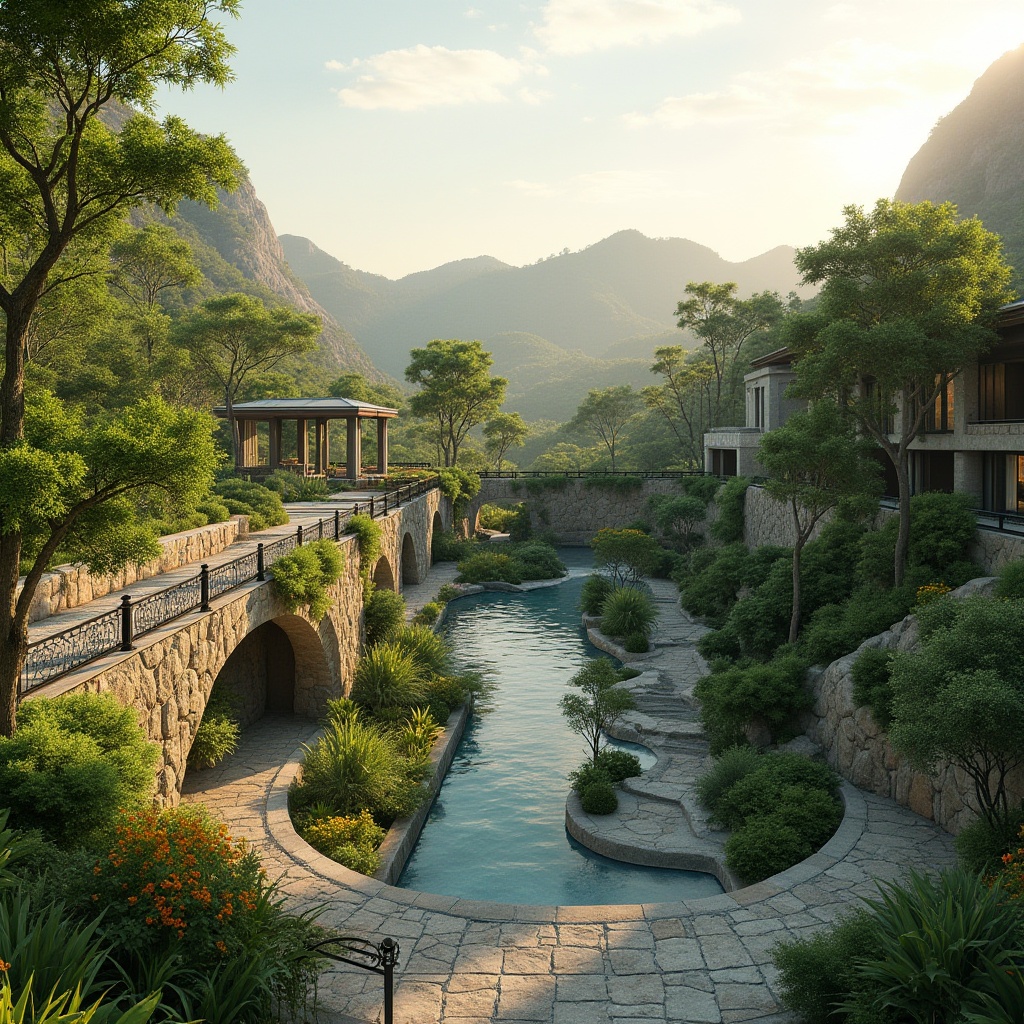 Prompt: Harmonious landscape integration, lush greenery, natural stone walls, meandering pathways, serene water features, vibrant flowerbeds, ornamental trees, scenic overlooks, rolling hills, soft morning light, warm golden hour, shallow depth of field, 2/3 composition, panoramic view, realistic textures, ambient occlusion, organic architecture, curved lines, minimalism design, eco-friendly materials, sustainable solutions.