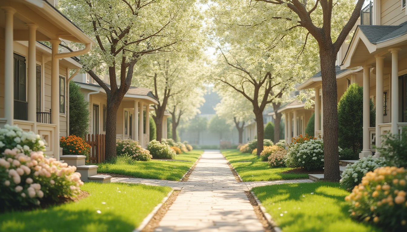 Prompt: Soft residential streets, warm beige houses, calming greenery, blooming flowers, tranquil atmosphere, natural stone sidewalks, wooden fences, cozy front porches, inviting outdoor seating, plush lawns, vibrant floral patterns, soothing pastel colors, creamy whites, gentle earth tones, soft sunlight, warm afternoon ambiance, shallow depth of field, 1/2 composition, realistic textures, ambient occlusion.