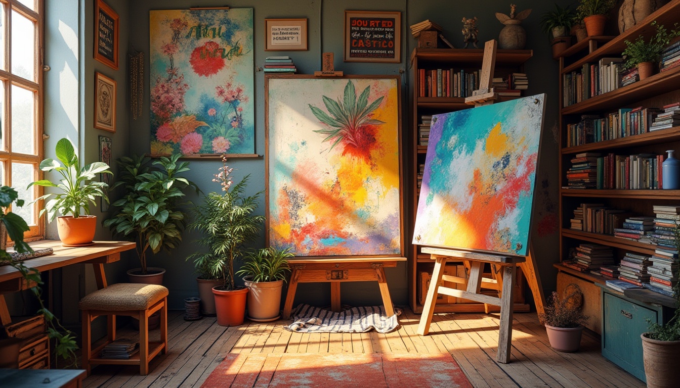 Prompt: Vibrant art studio, eclectic color palette, bold brushstrokes, textured canvas, artistic easel, inspirational quotes, natural light pouring in, wooden floorboards, cozy reading nook, overflowing bookshelves, vintage art supplies, earthy tones, rich jewel tones, pastel hues, metallic accents, warm golden lighting, 1/2 composition, intimate atmosphere, realistic textures, ambient occlusion.