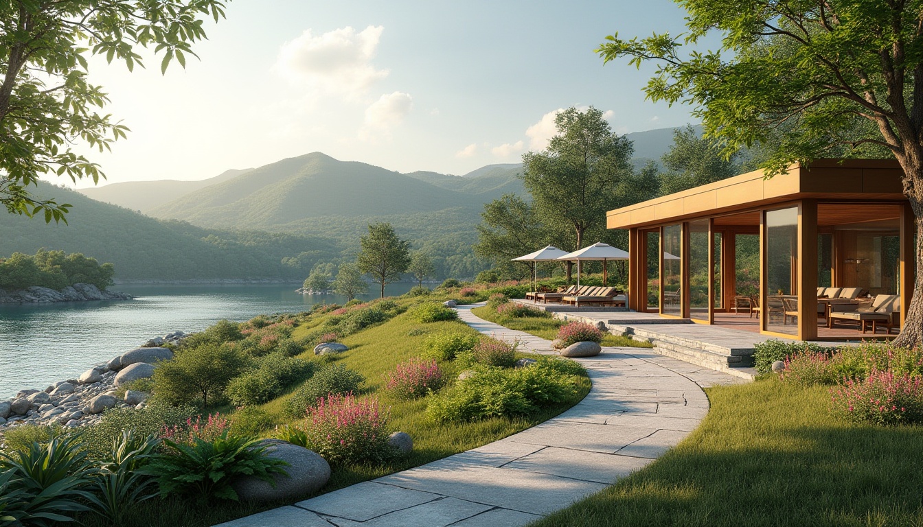 Prompt: Harmonious landscape integration, rolling hills, serene lakeside, lush greenery, vibrant wildflowers, meandering walking paths, natural stone seating areas, wooden gazebos, modern sleek architecture, floor-to-ceiling glass windows, sliding doors, panoramic views, seamless indoor-outdoor transition, warm soft lighting, shallow depth of field, 3/4 composition, realistic textures, ambient occlusion.