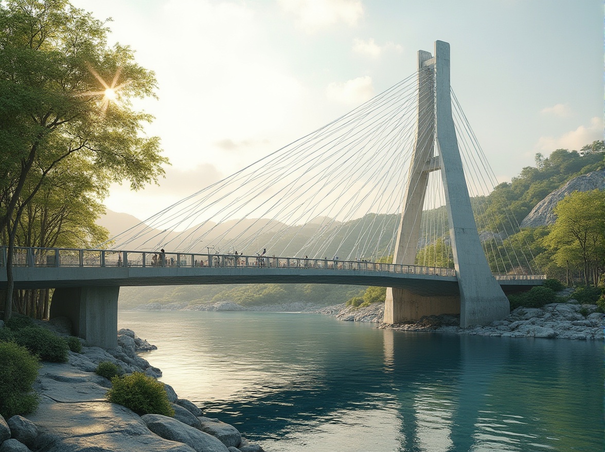 Prompt: Eco-friendly bridge, cable-stayed structure, steel arches, recycled concrete foundations, solar-powered lighting, wind turbines, kinetic energy harvesting, green roofs, native plant species, natural stone pedestrian paths, modern minimalist design, curved lines, transparent glass railings, misting systems, shallow water reflections, serene river views, warm sunny day, soft diffused lighting, 3/4 composition, panoramic view, realistic textures, ambient occlusion.