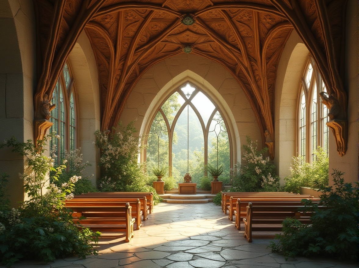 Prompt: Ethereal cathedral, undulating stone walls, curvaceous wooden beams, stained glass windows, vibrant natural light, lush greenery, blossoming flowers, serene ambiance, soft warm glow, shallow depth of field, 3/4 composition, panoramic view, realistic textures, ambient occlusion, intricate carvings, ornate furnishings, rustic stone floors, earthy color palette, natural materials, sustainable design, eco-friendly ethos, whimsical architectural details, free-flowing spaces, spiritual atmosphere, mystical ambiance.