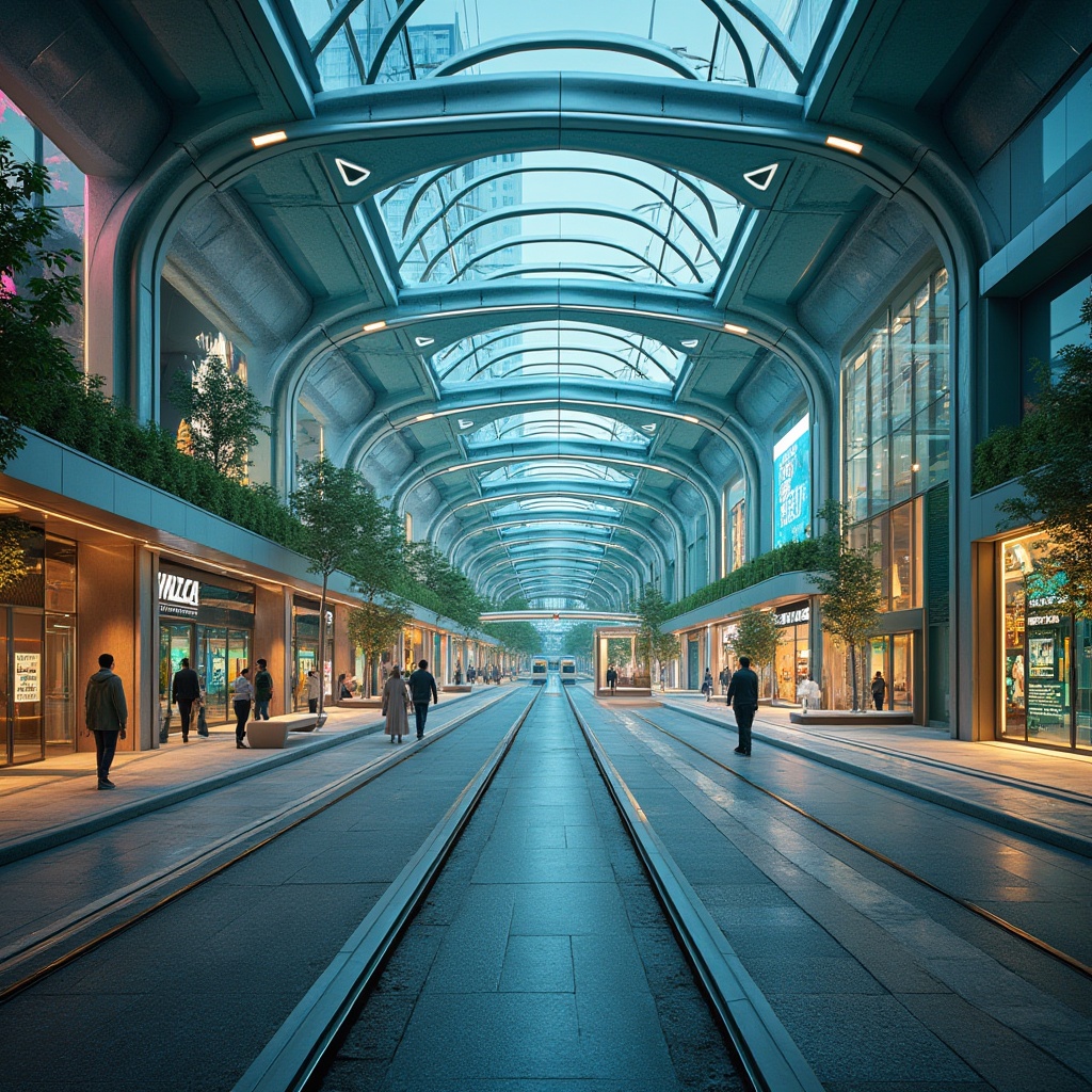 Prompt: Futuristic tram station, dynamic LED light installations, curved glass facades, sleek metal frames, cantilevered roofs, green walls, urban landscape, busy streets, modern cityscape, vibrant colorful advertisements, large digital displays, minimalist benches, stainless steel handrails, transparent elevator systems, airy open spaces, natural ventilation systems, 3/4 composition, shallow depth of field, panoramic view, realistic reflections, ambient occlusion.