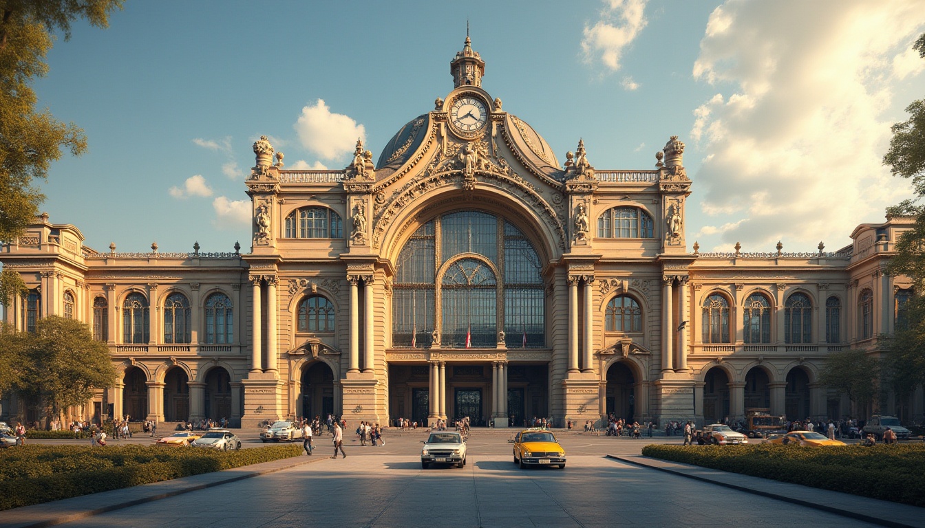 Prompt: Grandiose train station, ornate facade, classical columns, symmetrical architecture, grand arches, intricate stone carvings, monumental entrance, elegant clock tower, richly ornamented details, warm golden lighting, shallow depth of field, 1/2 composition, panoramic view, realistic textures, ambient occlusion, bustling urban atmosphere, busy streets, vintage taxis, pedestrians walking, lush greenery, surrounding cityscape.