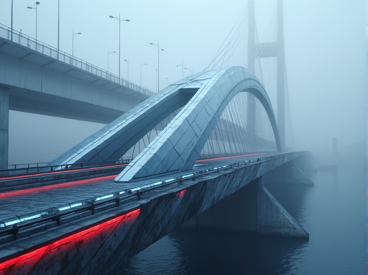 Prompt: Sleek modern bridge, silver metallic structure, minimalist design, LED lighting system, soft blue glow, misty atmosphere, urban cityscape, river waterfront, concrete piers, steel cables, suspended roadway, dynamic curves, angular lines, bold red accents, dark grey tones, weathered wood textures, industrial materials, abstract geometric patterns, low-key ambient light, 1/1 composition, realistic renderings, subtle fog effects.