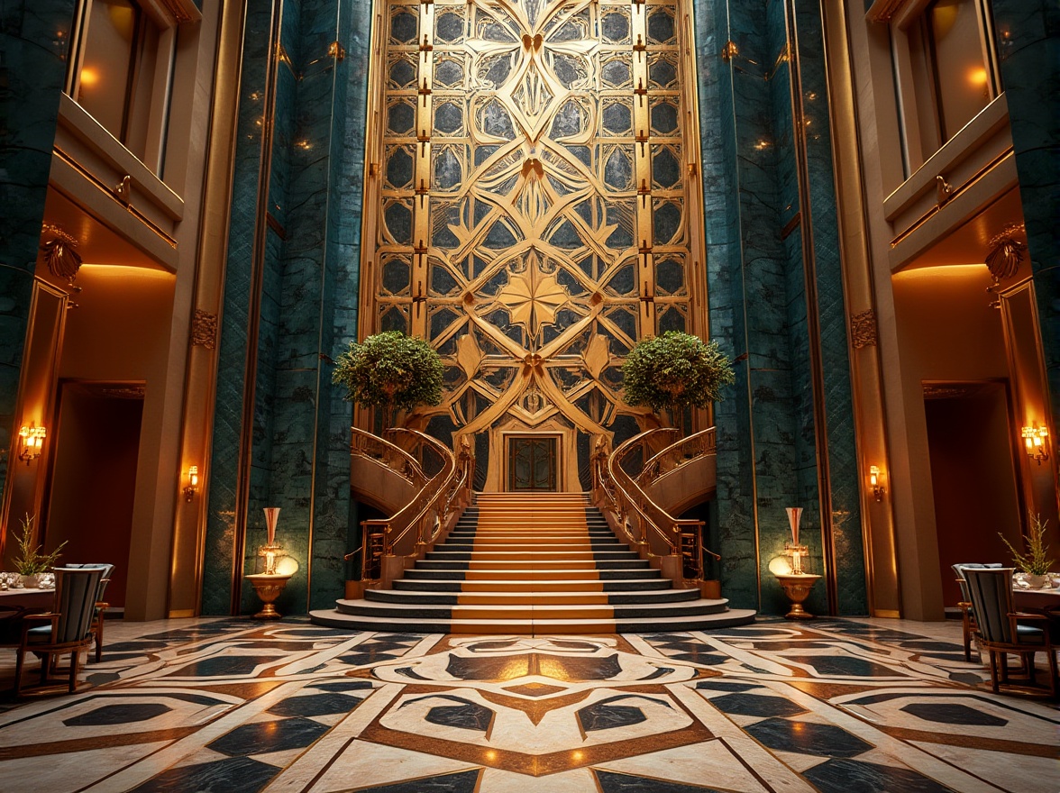 Prompt: Luxurious skyscraper, geometric metalwork, ornate bronze doors, inlaid marble floors, sunburst motifs, zigzag patterns, chevron designs, stylized foliage, metallic materials, bold colorful hues, stepped silhouettes, lavish interior decor, grand staircases, intricate moldings, luxurious textiles, opulent chandeliers, dramatic lighting effects, low-angle photography, cinematic composition, high-contrast rendering.