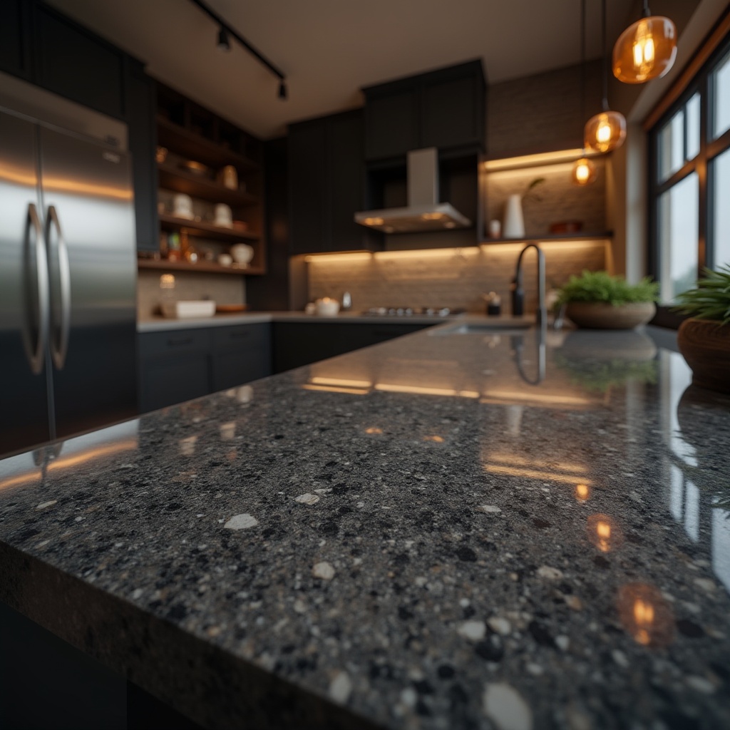 Prompt: Luxurious interior, polished granite countertops, rich dark grey tones, flecked textures, high-gloss finish, modern kitchen design, stainless steel appliances, pendant lighting, warm ambient glow, shallow depth of field, 1/2 composition, realistic reflections, detailed normal maps.