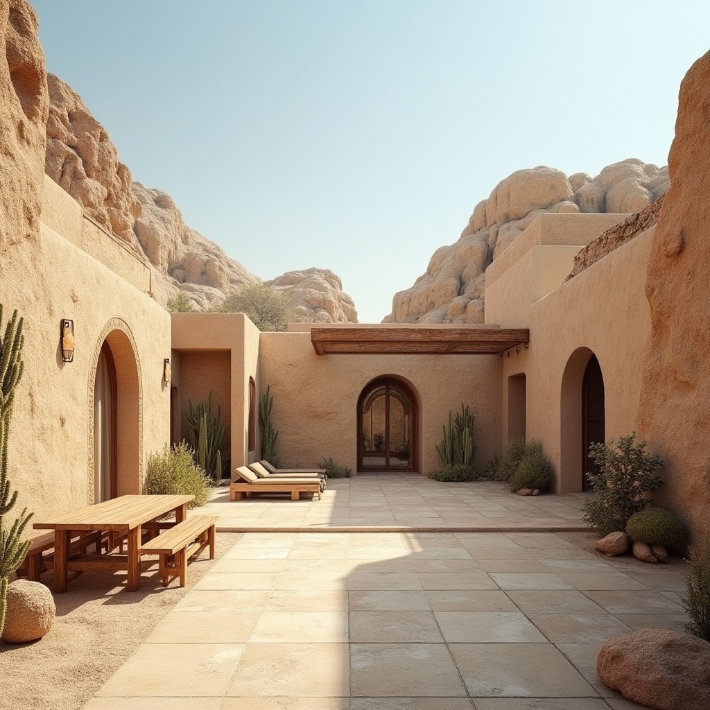 Prompt: Warm beige sandstone walls, natural rock formations, earthy tones, organic textures, rustic charm, outdoor furniture, desert landscape, cacti plants, clear blue sky, vast open space, modern architecture, sleek lines, minimal ornamentation, natural light, soft warm shadows, 3/4 composition, panoramic view, realistic stone textures, ambient occlusion.