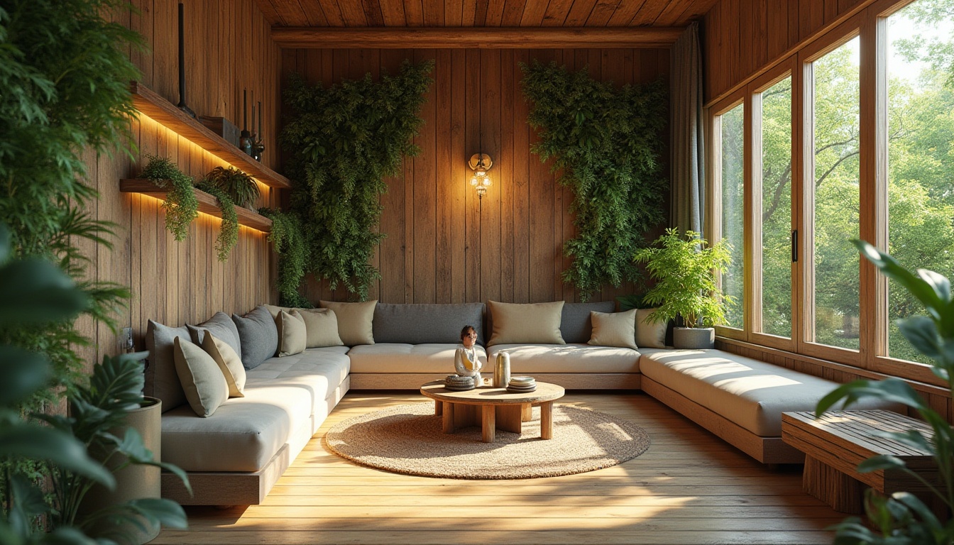 Prompt: Earthy tones, natural materials, reclaimed wood accents, living green walls, eco-friendly paint, recyclable metal frames, solar-powered lighting, energy-efficient appliances, organic textures, botanical patterns, calming ambiance, soft warm lighting, shallow depth of field, 3/4 composition, realistic renderings, ambient occlusion.