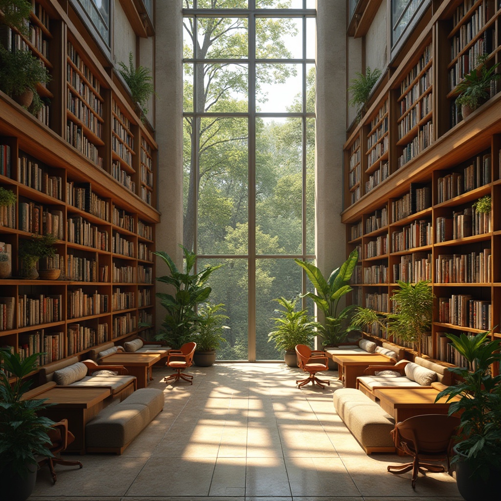 Prompt: Cozy reading nook, floor-to-ceiling windows, abundant natural light, wooden bookshelves, comfortable seating areas, rustic stone walls, earthy color palette, minimalist decor, soft warm ambiance, morning sunlight, indirect illumination, clerestory windows, open atrium, greenery, lush plants, wooden tables, ergonomic chairs, soft cushions, calming atmosphere, 1/1 composition, realistic textures, subtle shading.