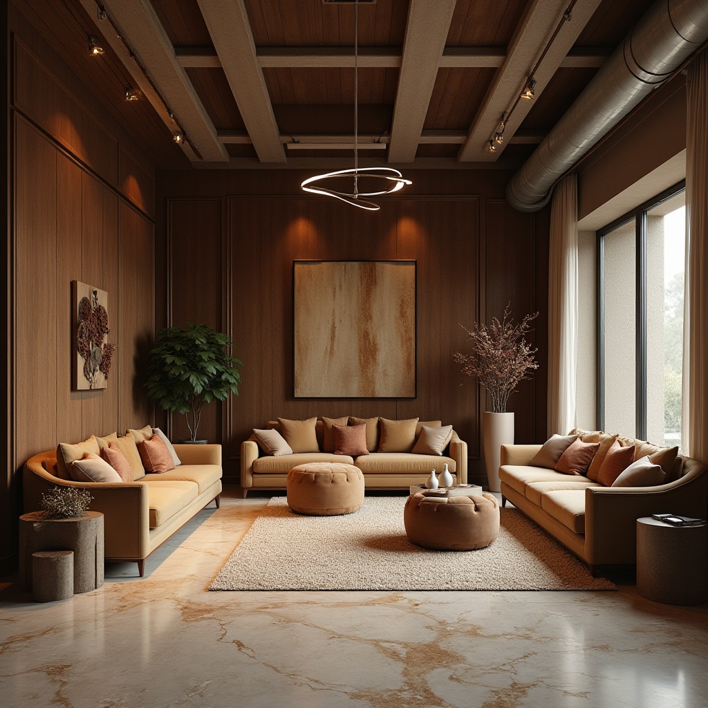 Prompt: Luxurious interior space, rich wood accents, polished marble floors, soft velvet upholstery, metallic hardware, industrial-chic exposed ductwork, minimalist decorative elements, natural fiber rugs, reclaimed wooden walls, earthy color palette, warm ambient lighting, shallow depth of field, 1/2 composition, realistic textures, subtle shadowing.