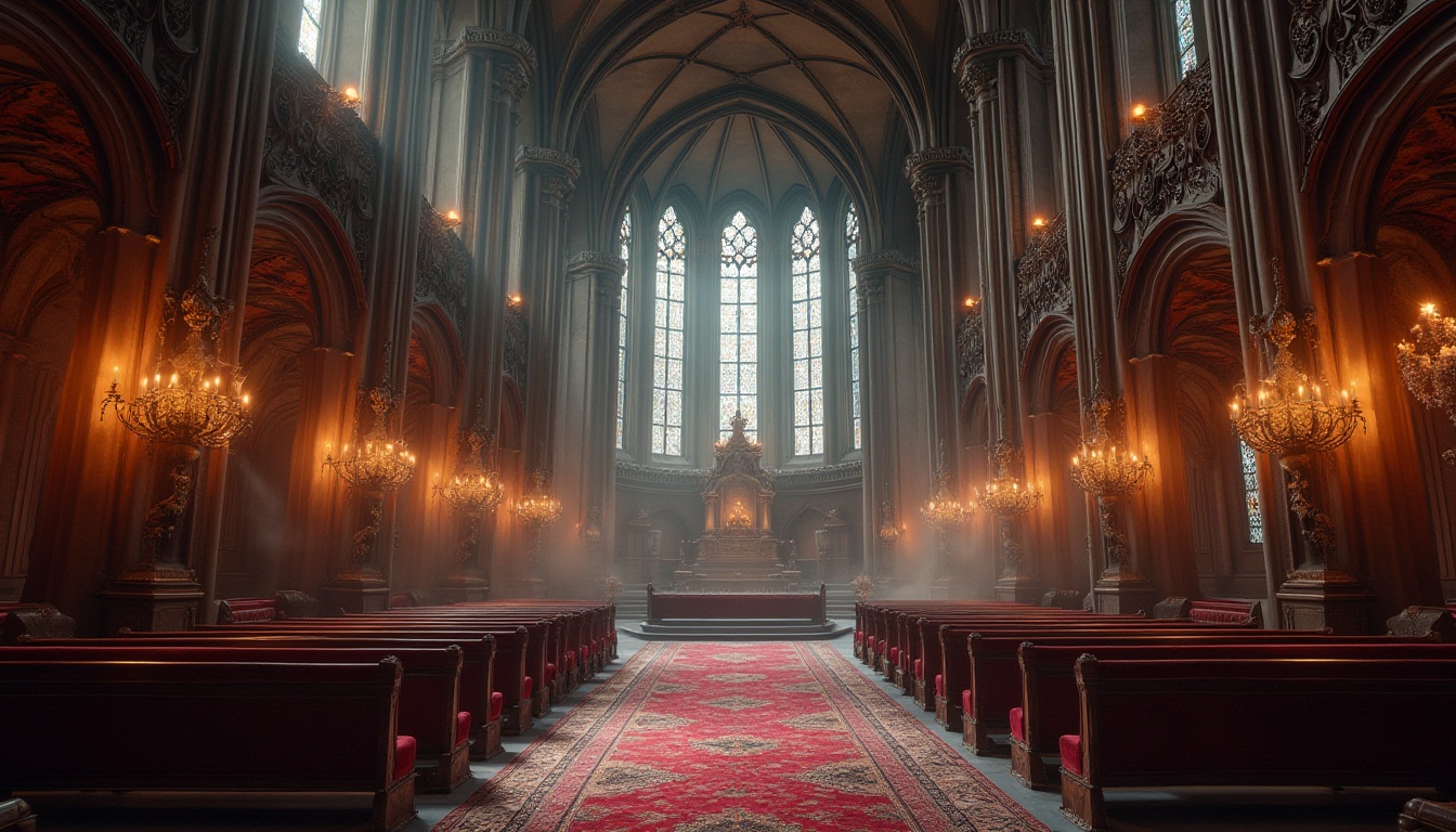 Prompt: Grand, ornate Gothic interior, high ceilings, ribbed vaults, pointed arches, stained glass windows, intricate stone carvings, lavish furnishings, plush velvet fabrics, rich wood paneling, grand chandeliers, dramatic lighting, mysterious ambiance, atmospheric fog effect, 3/4 composition, low-angle shot, warm color palette, realistic textures, ambient occlusion.