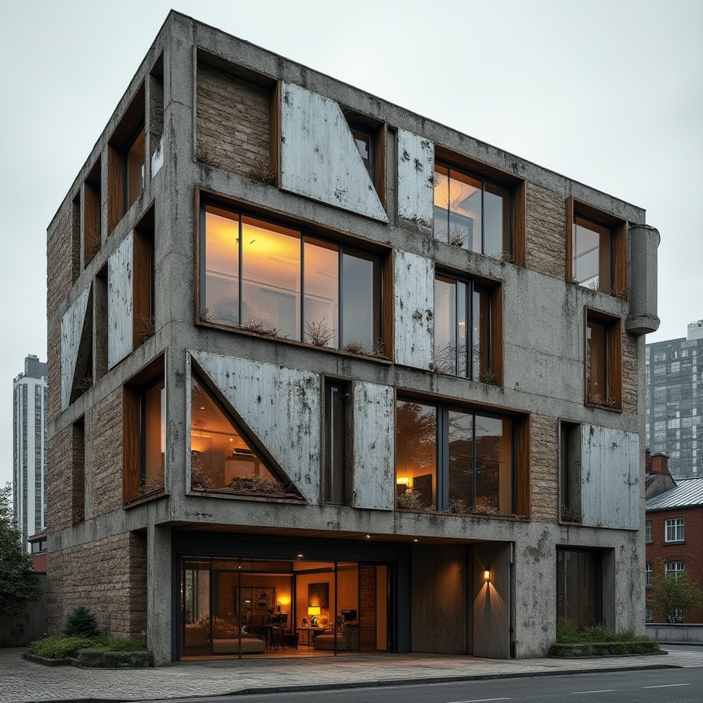 Prompt: Geometric constructivist building, industrial metal fa\u00e7ade, exposed brick walls, rough concrete surfaces, weathered wooden accents, distressed metallic textures, abstract geometric patterns, bold color blocking, urban cityscape backdrop, overcast sky, dramatic shadows, high-contrast lighting, 1/2 composition, close-up shot, realistic material rendering, ambient occlusion.