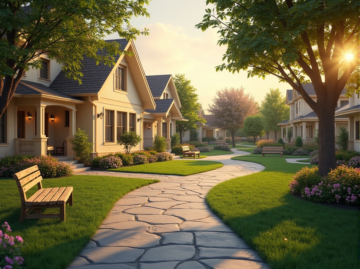 Prompt: Soothing residential neighborhood, warm beige houses, soft green lawns, blooming flower beds, tranquil tree-lined streets, calming water features, peaceful park benches, vibrant colorful accents, natural stone pathways, cozy porch lighting, warm sunset ambiance, gentle shadows, 1/1 composition, intimate focal length, realistic textures, ambient occlusion.