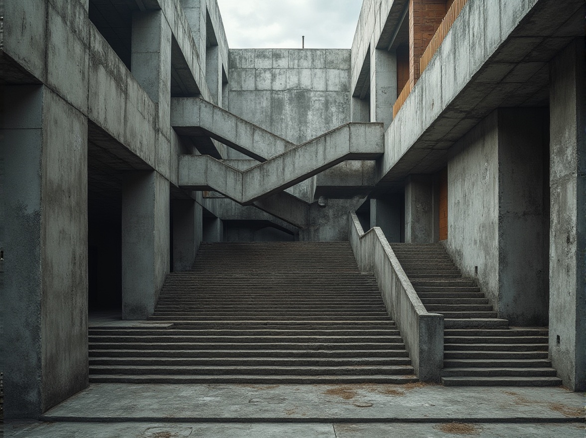 Prompt: Rough-hewn concrete walls, exposed ductwork, industrial steel beams, distressed wood accents, brutalist monumentality, urban cityscape, overcast skies, dramatic shadows, rugged stone textures, raw unfinished surfaces, fortress-like structures, imposing scale, monumental staircases, cold harsh lighting, high contrast ratios, 1/2 composition, symmetrical framing, abstract geometries, architectural photography, muted color palette.